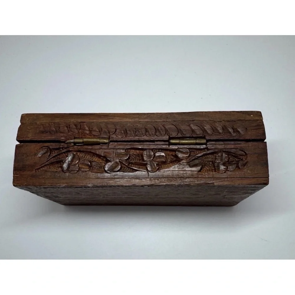 Vintage Carved Floral Folk Artist Wood Jewelry Trinket Box Stone Inlays 6x3x1.5